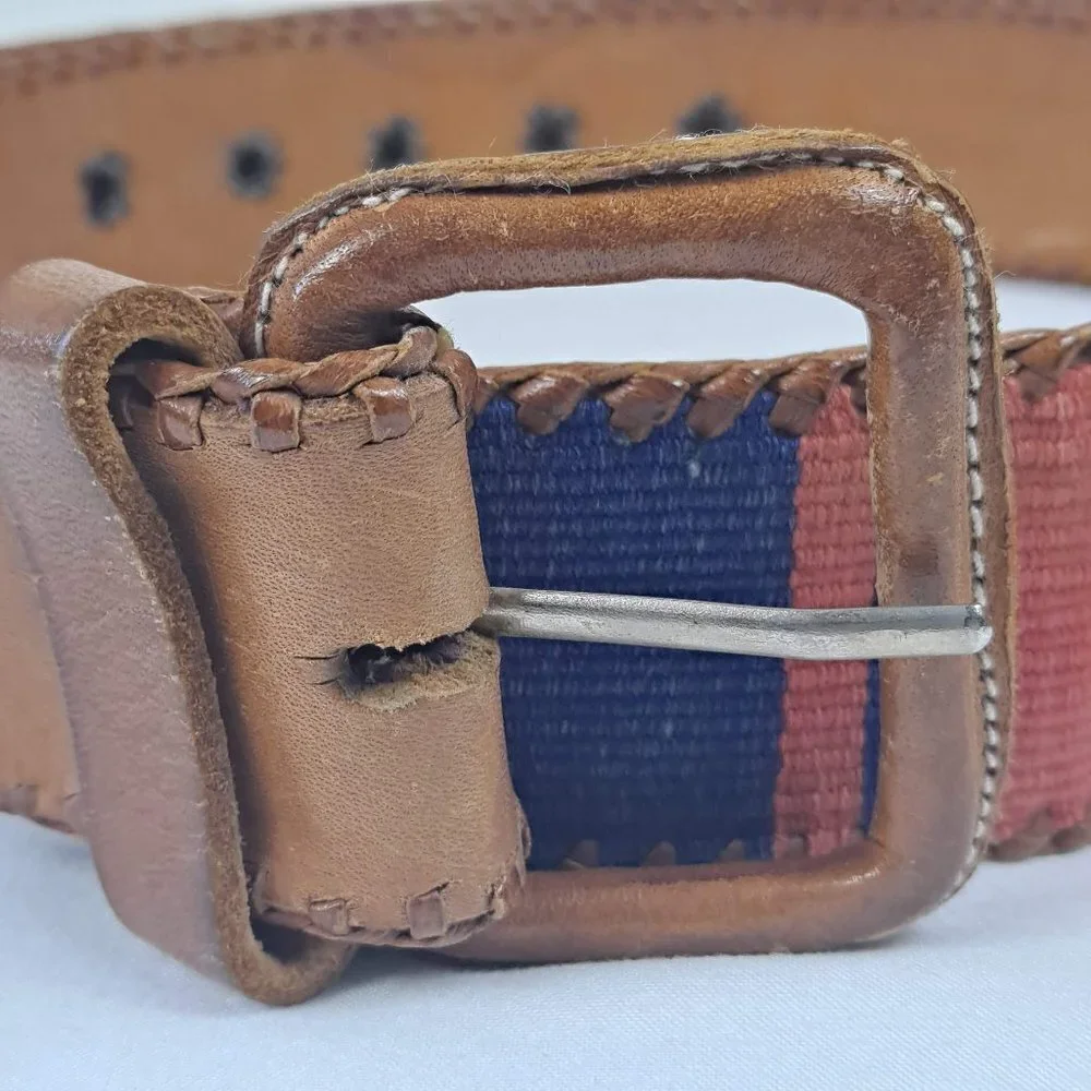 Colorful Cotton and Leather Belt Size Large Colorblock Made in Guatemala